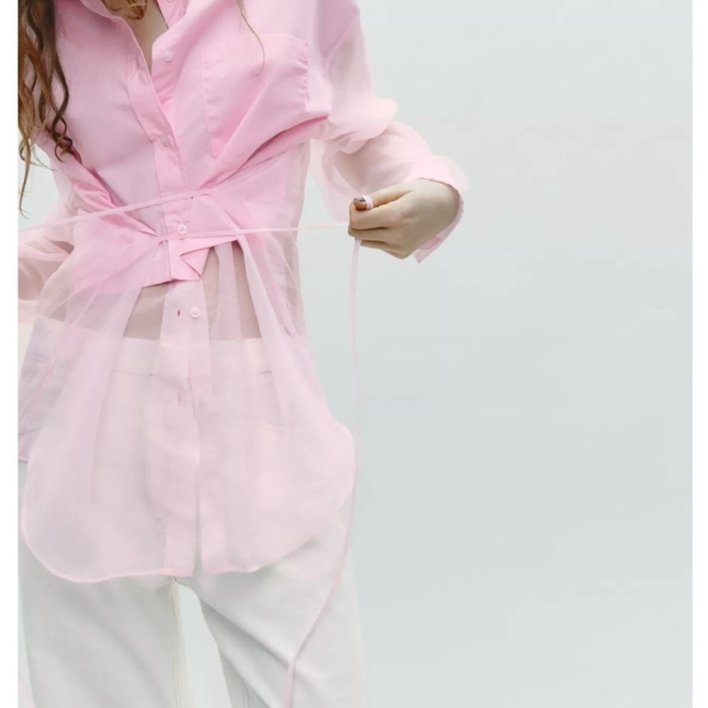 Zara Pink Sheer Button Down womens Shirt - Picture 7 of 7